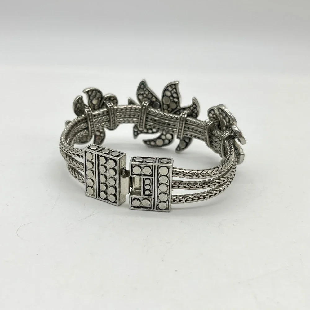 Silver Tone Triple Strand Wheat Chain Floral Dotted Texture Bracelet 7.5in